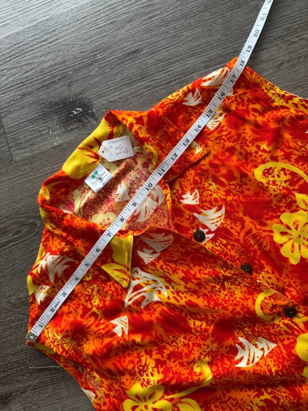 Vintage 90s Hawaiian Sleeveless Shirt | Orange Yellow Tropical Floral Camp Top - Picture 7 of 11
